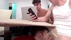Young stepbro decides to go under the table and swell up one stepbrother's dicks - myhotbro