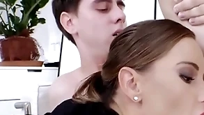 Hermaphroditical office babe fucked in mmf 3some after deep sucking