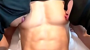 Stunning fit six pack and big pecs asian guy nipple stilted and sucked