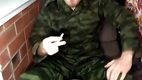 Soldier fucks young gay and cums her high horse boots / chap moans / smutty talk / smoking
