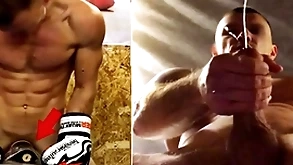 A real russian fighter in spotlight fucks his fisticuffs bag plus cums on gay men's faces...
