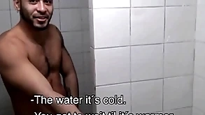 Two hot amateur young latino jocks paid cash by stranger to fuck in gym shower