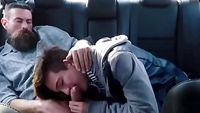 Twink step son and his step dad fuck on touching the back seat of their car during driving assiduity