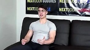 Muscled by oneself stud with glasses wanks and cums on the casting